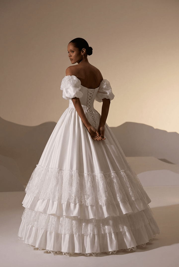 Vintage Puff Sleeve Wedding Dress with Lace Tiered Skirt – Ruffle Layered Wedding Dress with Bow Detail Plus Size - WonderlandByLilian