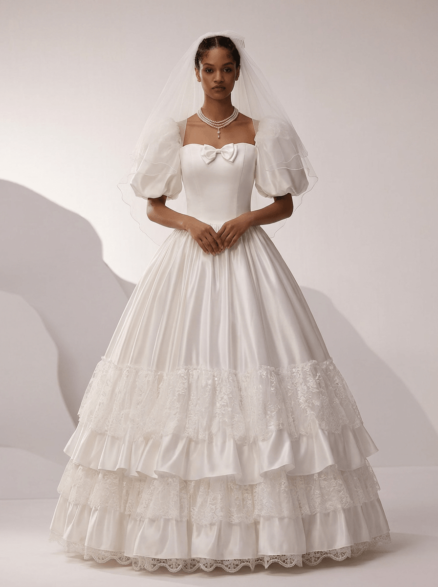 Vintage Puff Sleeve Wedding Dress with Lace Tiered Skirt – Ruffle Layered Wedding Dress with Bow Detail Plus Size - WonderlandByLilian