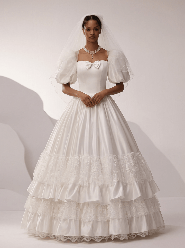 Vintage Puff Sleeve Wedding Dress with Lace Tiered Skirt – Ruffle Layered Wedding Dress with Bow Detail Plus Size - WonderlandByLilian