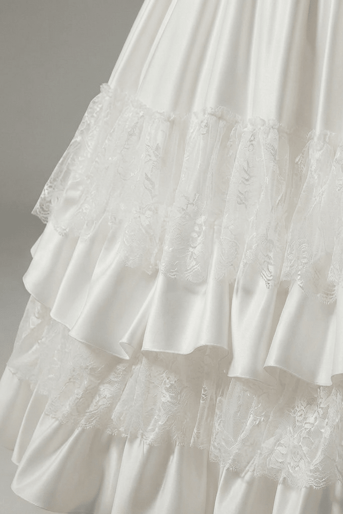 Vintage Puff Sleeve Wedding Dress with Lace Tiered Skirt – Ruffle Layered Wedding Dress with Bow Detail Plus Size - WonderlandByLilian