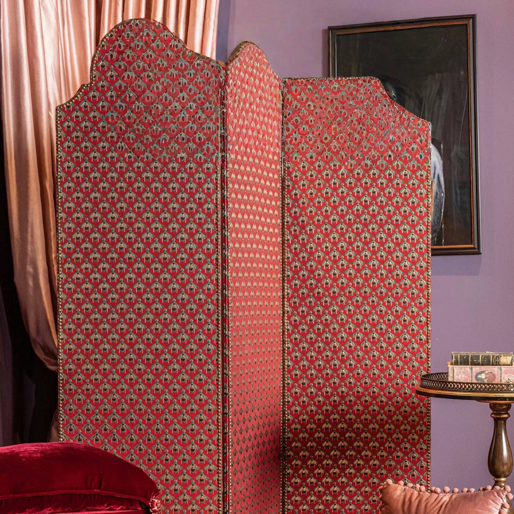 Vintage Retro Deco Room Divider – Handmade 3 - Panel Folding Screen with Red Animal Print and Carved Wood Frame - WonderlandByLilian