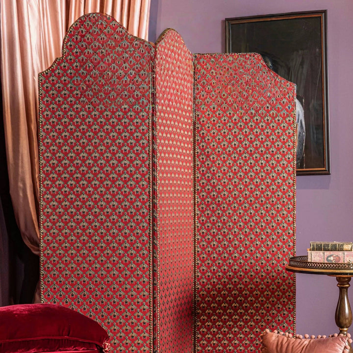 Vintage Retro Deco Room Divider – Handmade 3 - Panel Folding Screen with Red Animal Print and Carved Wood Frame - WonderlandByLilian
