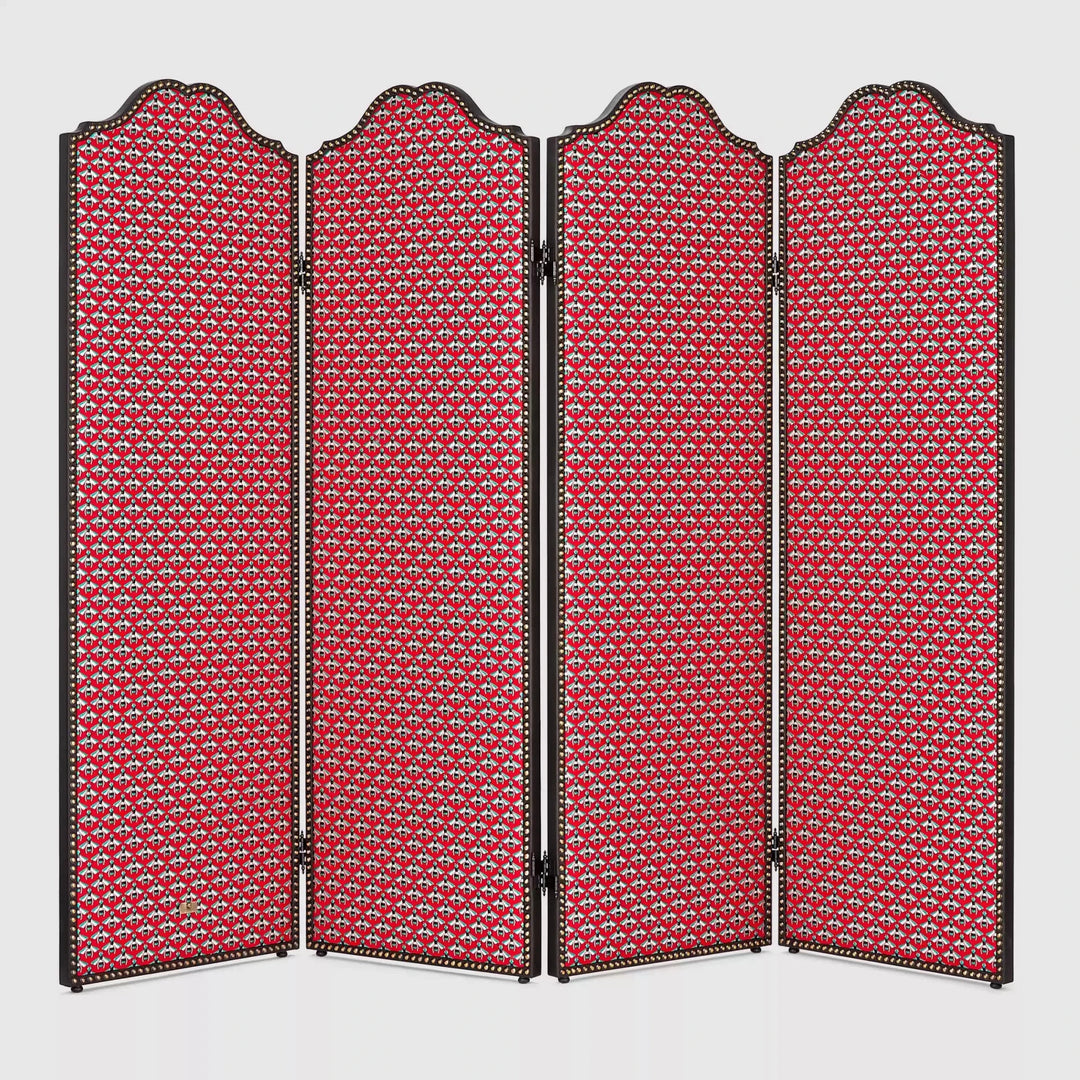 Vintage Retro Deco Room Divider – Handmade 3 - Panel Folding Screen with Red Animal Print and Carved Wood Frame - WonderlandByLilian