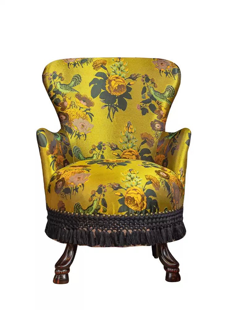 Vintage Retro Floral Lounge Chair – Antique Victorian Accent Armchair with Tassel Trim - WonderlandByLilian