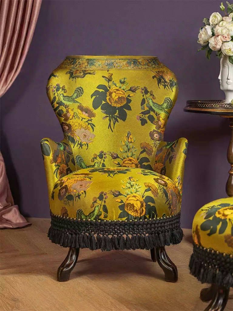 Vintage Retro Floral Lounge Chair – Antique Victorian Accent Armchair with Tassel Trim - WonderlandByLilian