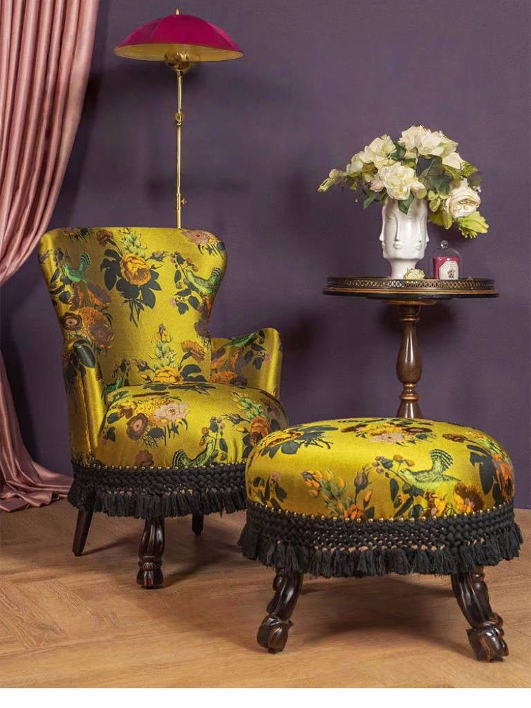 Vintage Retro Floral Lounge Chair – Antique Victorian Accent Armchair with Tassel Trim - WonderlandByLilian