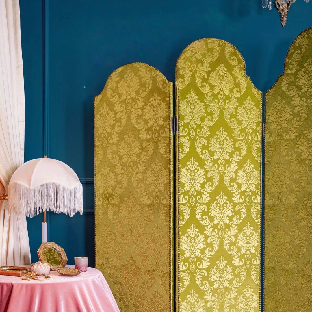 Vintage Retro Hand - Craft Deco Room Divider – Green Floral Folding Screen with Damask Pattern - WonderlandByLilian