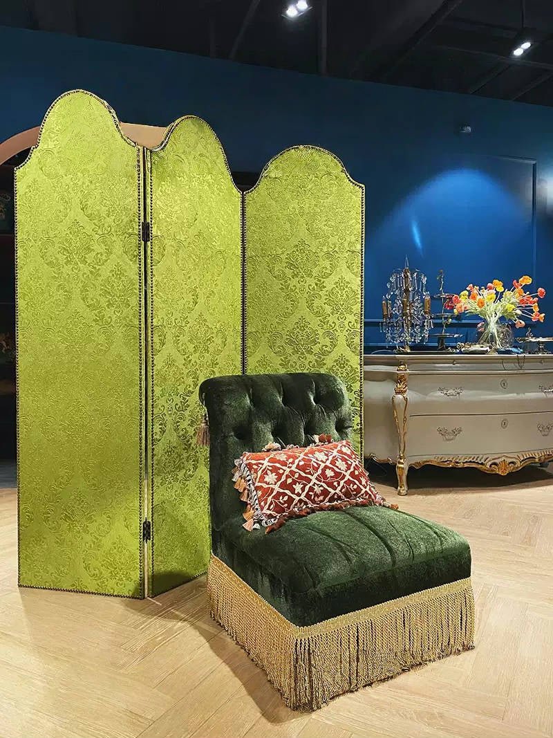 Vintage Retro Hand - Craft Deco Room Divider – Green Floral Folding Screen with Damask Pattern - WonderlandByLilian