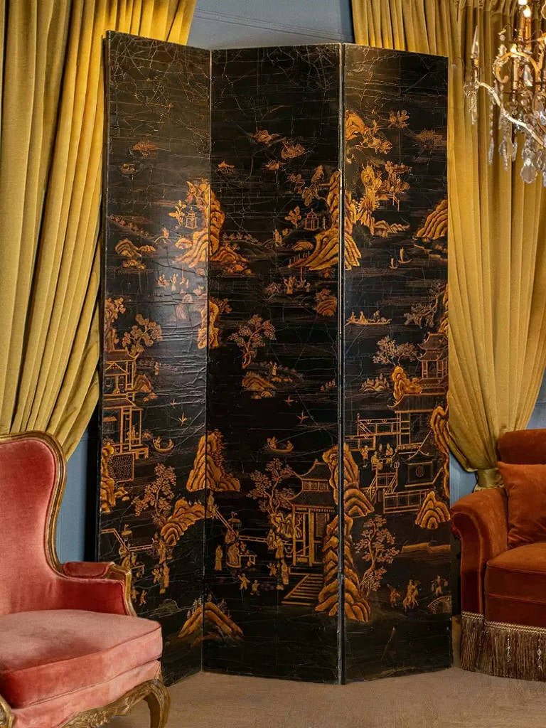 Vintage Retro Hand - Craft Deco Room Divider – Hand - Painted Folding Screen with Oriental Landscape Design - WonderlandByLilian