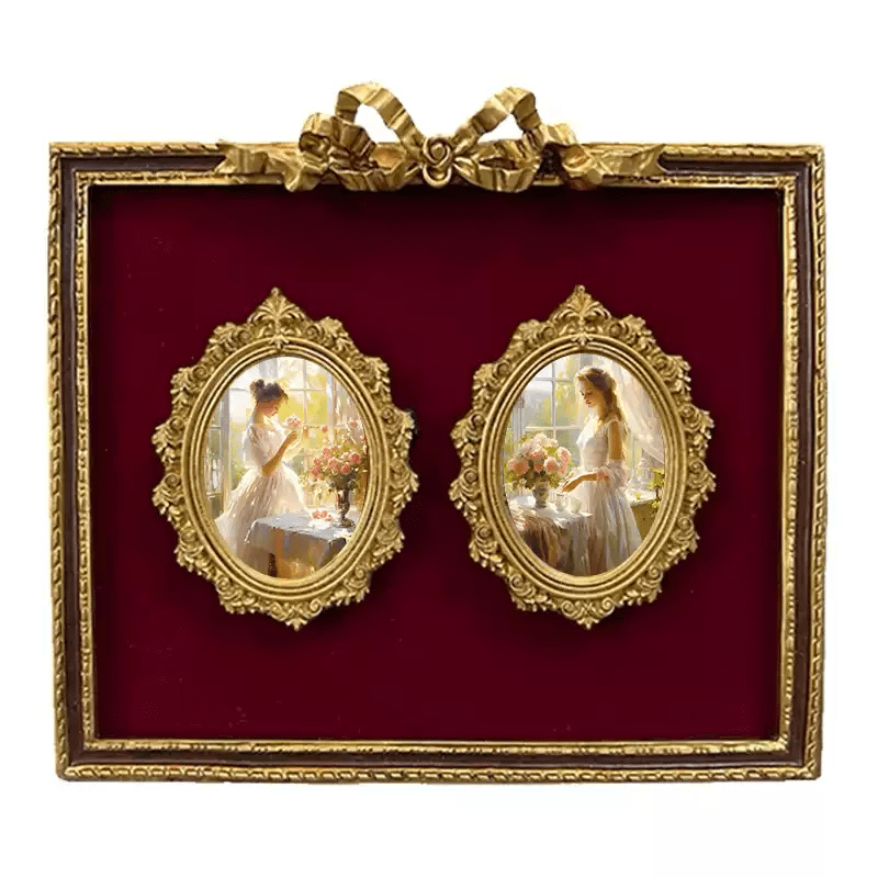 Vintage Retro Hand - Craft Double Oval Portrait Frame – Handmade Baroque Resin Red Velvet Wall Art Frame with Bow Top - WonderlandByLilian