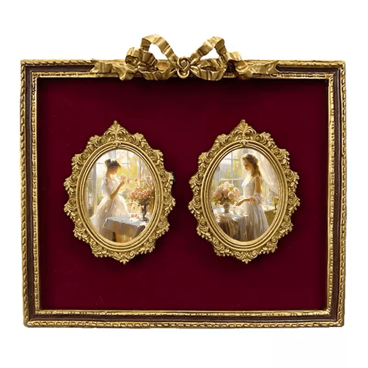 Vintage Retro Hand - Craft Double Oval Portrait Frame – Handmade Baroque Resin Red Velvet Wall Art Frame with Bow Top - WonderlandByLilian