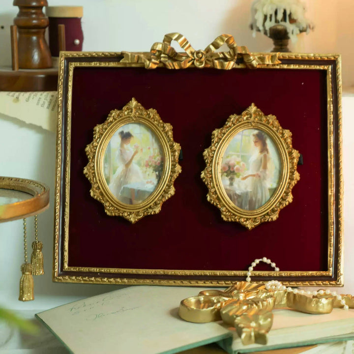 Vintage Retro Hand - Craft Double Oval Portrait Frame – Handmade Baroque Resin Red Velvet Wall Art Frame with Bow Top - WonderlandByLilian