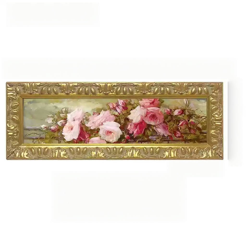 Vintage Retro Hand - Craft Floral Wall Frame – Handmade European Baroque Wooden Rectangle Picture Frame with Pink Roses - WonderlandByLilian