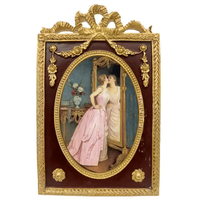Vintage Retro Hand - Craft Oval Framed Wall Art – Handmade European Resin Frame with Elegant Mirror Reflection Scene - WonderlandByLilian