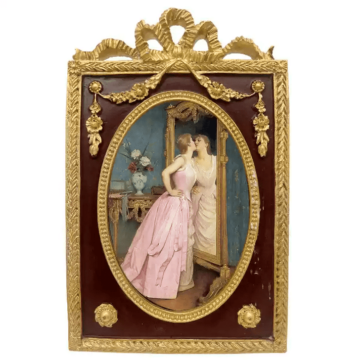 Vintage Retro Hand - Craft Oval Framed Wall Art – Handmade European Resin Frame with Elegant Mirror Reflection Scene - WonderlandByLilian