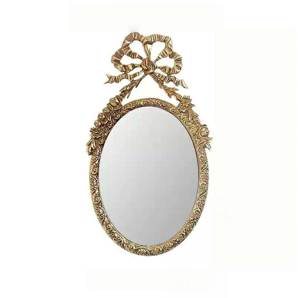 Vintage Retro Hand - Craft Oval Wall Mirror – Handmade Baroque Metal Frame with Decorative Ribbon Top - WonderlandByLilian