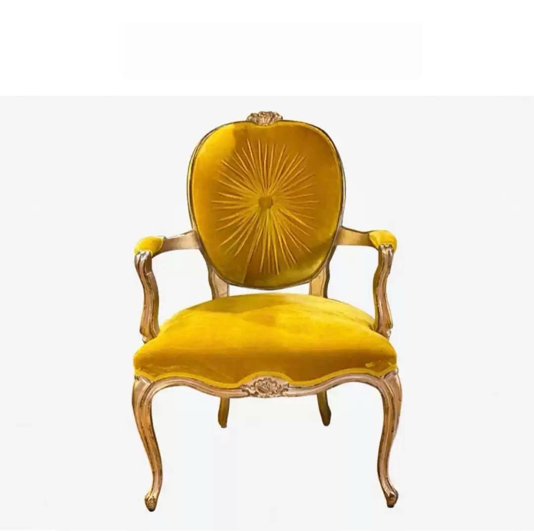 Vintage Retro Velvet Armchair – Handmade Single Lounge Chair with Carved Wood and Golden Upholstery - WonderlandByLilian