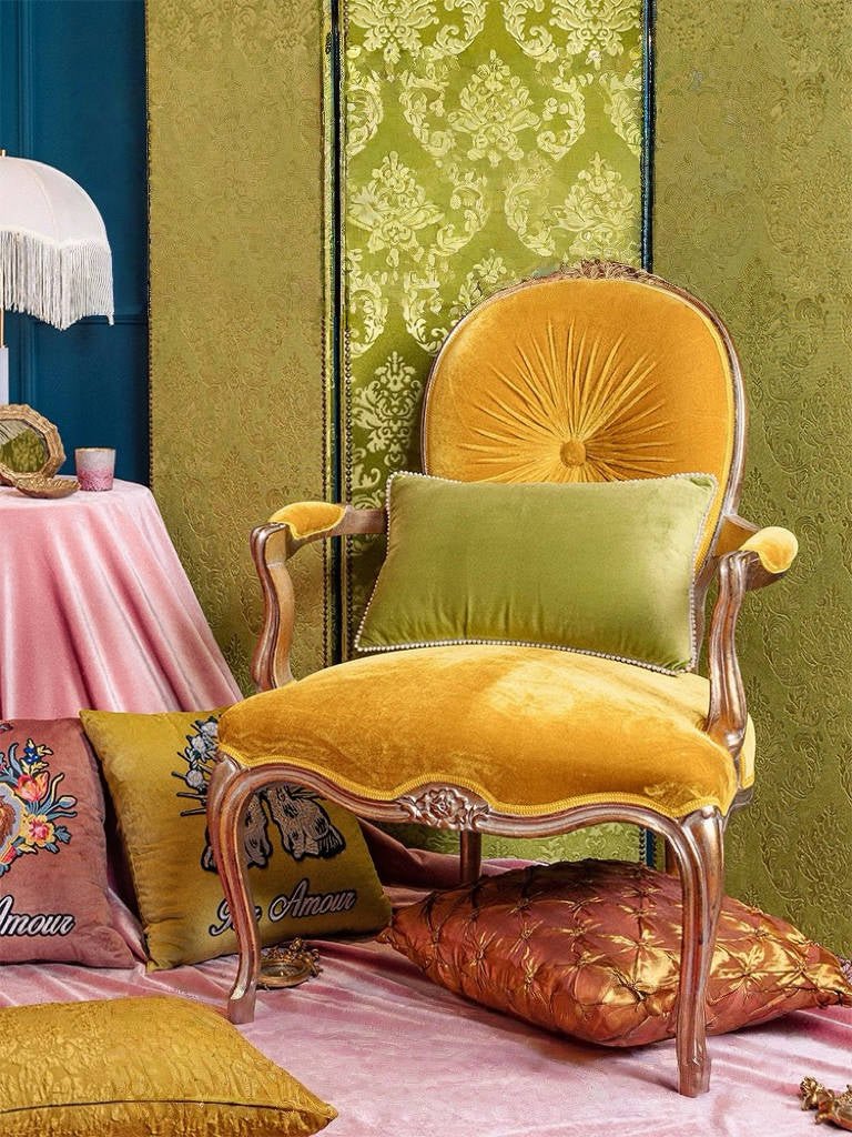 Vintage Retro Velvet Armchair – Handmade Single Lounge Chair with Carved Wood and Golden Upholstery - WonderlandByLilian