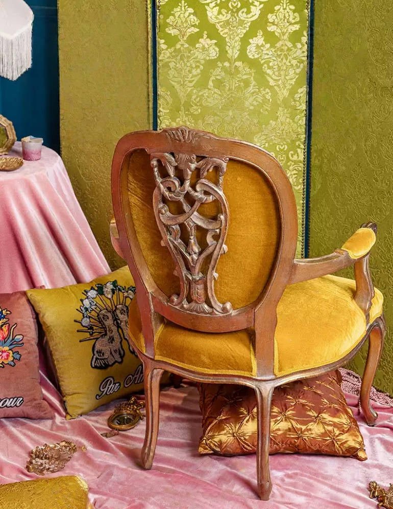 Vintage Retro Velvet Armchair – Handmade Single Lounge Chair with Carved Wood and Golden Upholstery - WonderlandByLilian