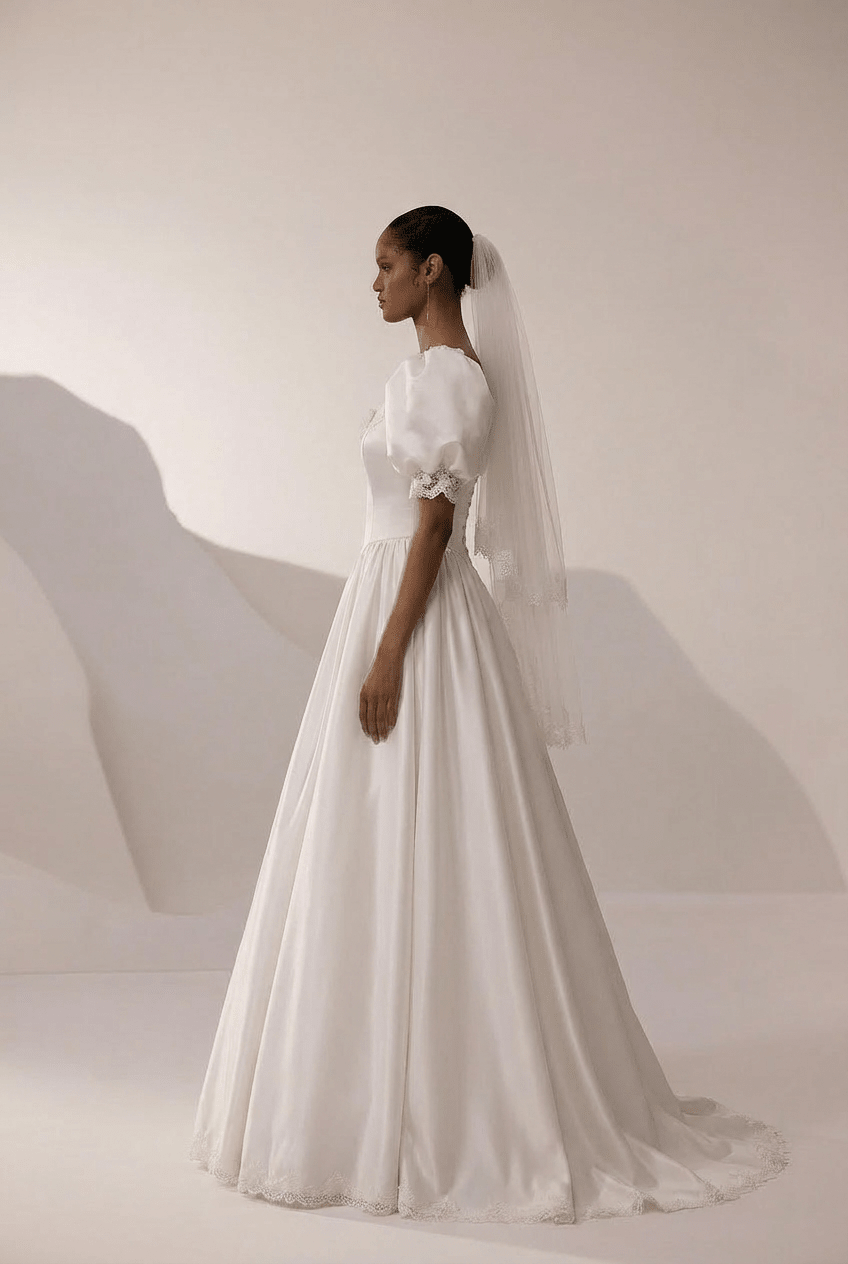 Vintage Simple Satin Wedding Dress with Puff Sleeve and Lace Appliqué – Simple Modest Wedding Gown with Corset Plus Size - WonderlandByLilian