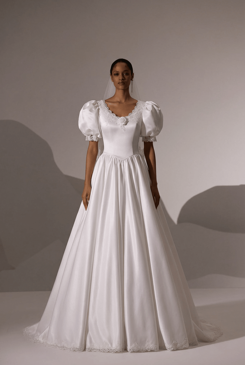 Vintage Simple Satin Wedding Dress with Puff Sleeve and Lace Appliqué – Simple Modest Wedding Gown with Corset Plus Size - WonderlandByLilian