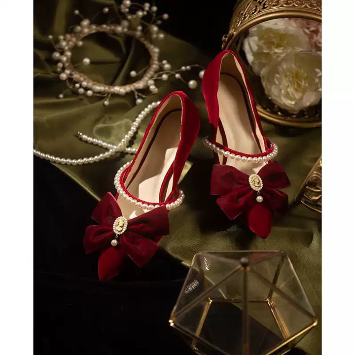 Vintage Velvet Mary Jane Heels with Pearl Strap and Bow - Regency Era Inspired Shoes - WonderlandByLilian