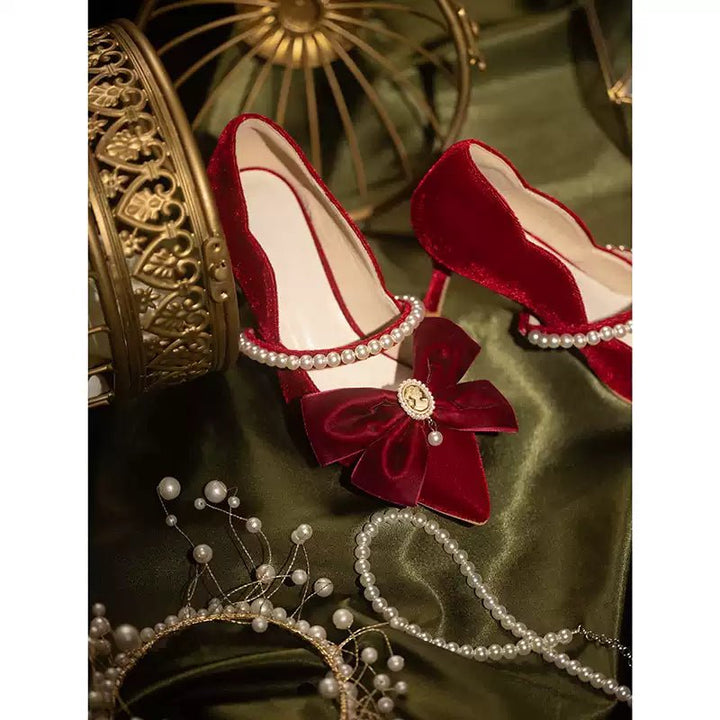 Vintage Velvet Mary Jane Heels with Pearl Strap and Bow - Regency Era Inspired Shoes - WonderlandByLilian