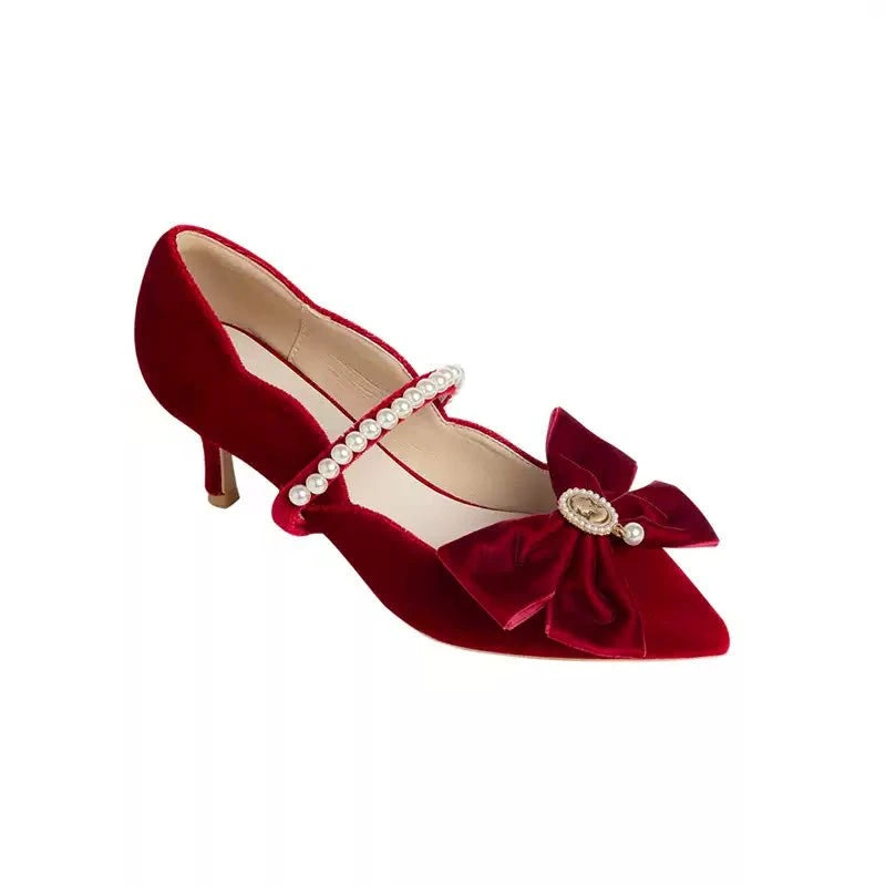 Vintage Velvet Mary Jane Heels with Pearl Strap and Bow - Regency Era Inspired Shoes - WonderlandByLilian