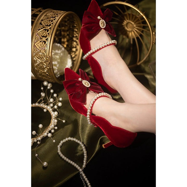 Vintage Velvet Mary Jane Heels with Pearl Strap and Bow - Regency Era Inspired Shoes - WonderlandByLilian