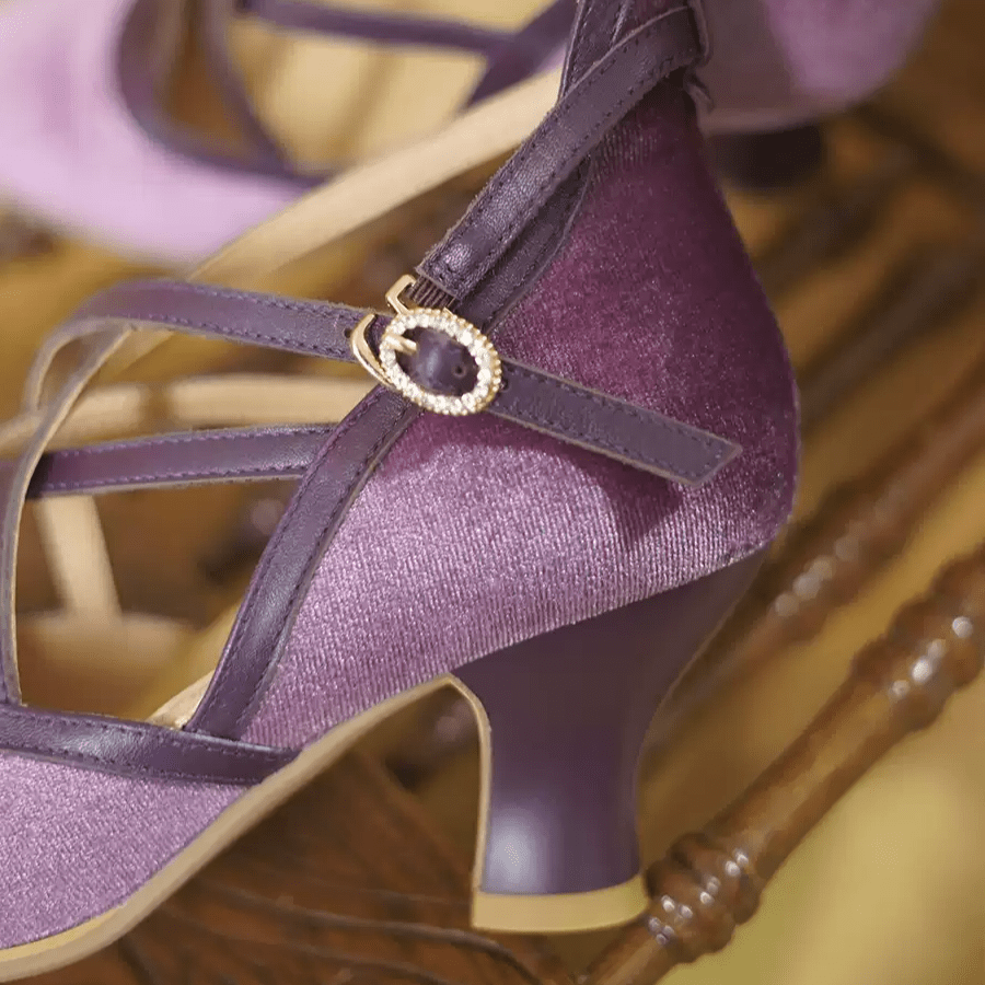 "Violet Waltz" – Handmade Velvet Cross - Strap Vintage Heeled Sandals - WonderlandByLilian