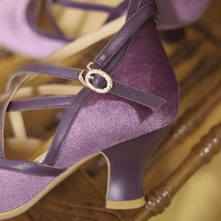 "Violet Waltz" – Handmade Velvet Cross - Strap Vintage Heeled Sandals - WonderlandByLilian