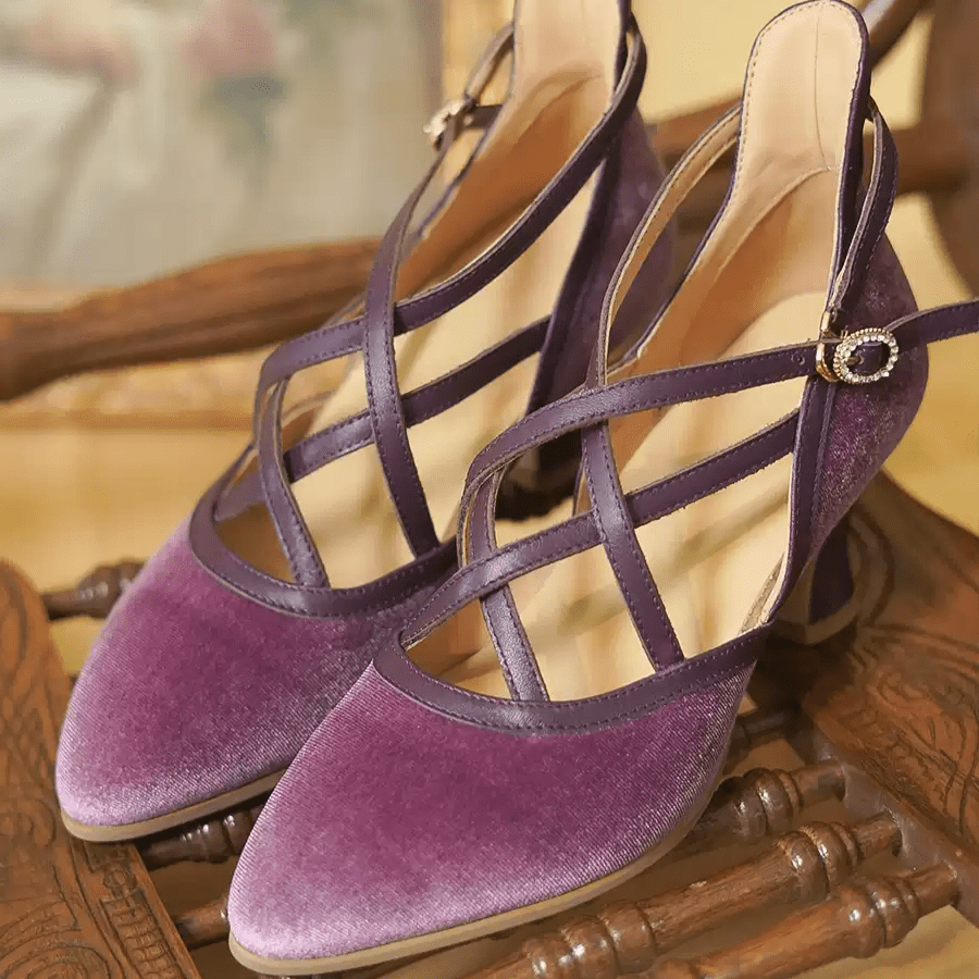 "Violet Waltz" – Handmade Velvet Cross - Strap Vintage Heeled Sandals - WonderlandByLilian
