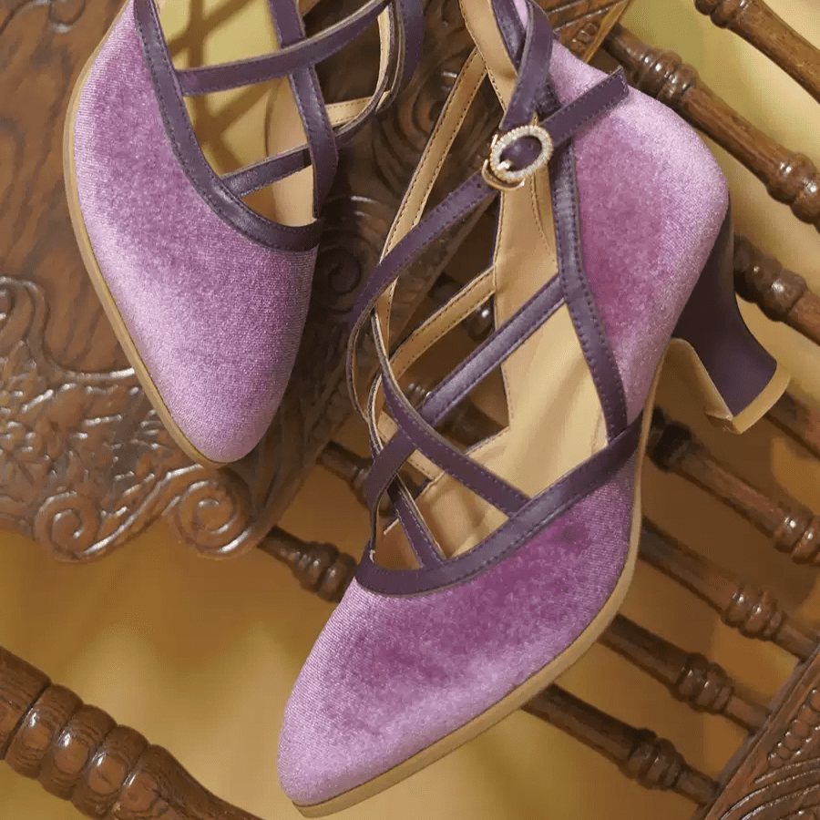 "Violet Waltz" – Handmade Velvet Cross - Strap Vintage Heeled Sandals - WonderlandByLilian