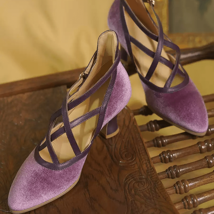 "Violet Waltz" – Handmade Velvet Cross - Strap Vintage Heeled Sandals - WonderlandByLilian