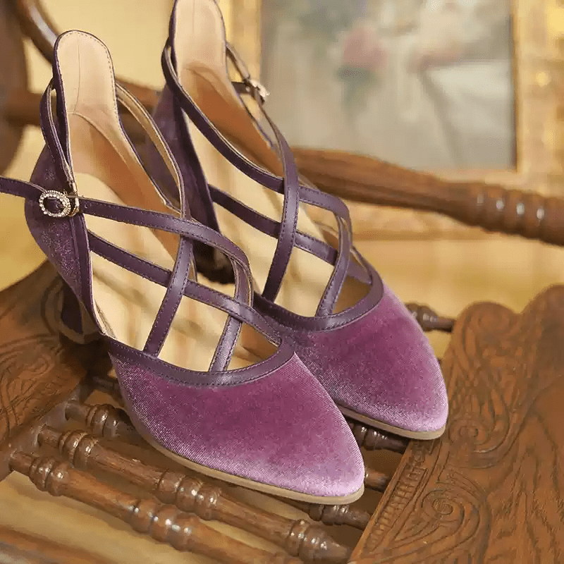 "Violet Waltz" – Handmade Velvet Cross - Strap Vintage Heeled Sandals - WonderlandByLilian