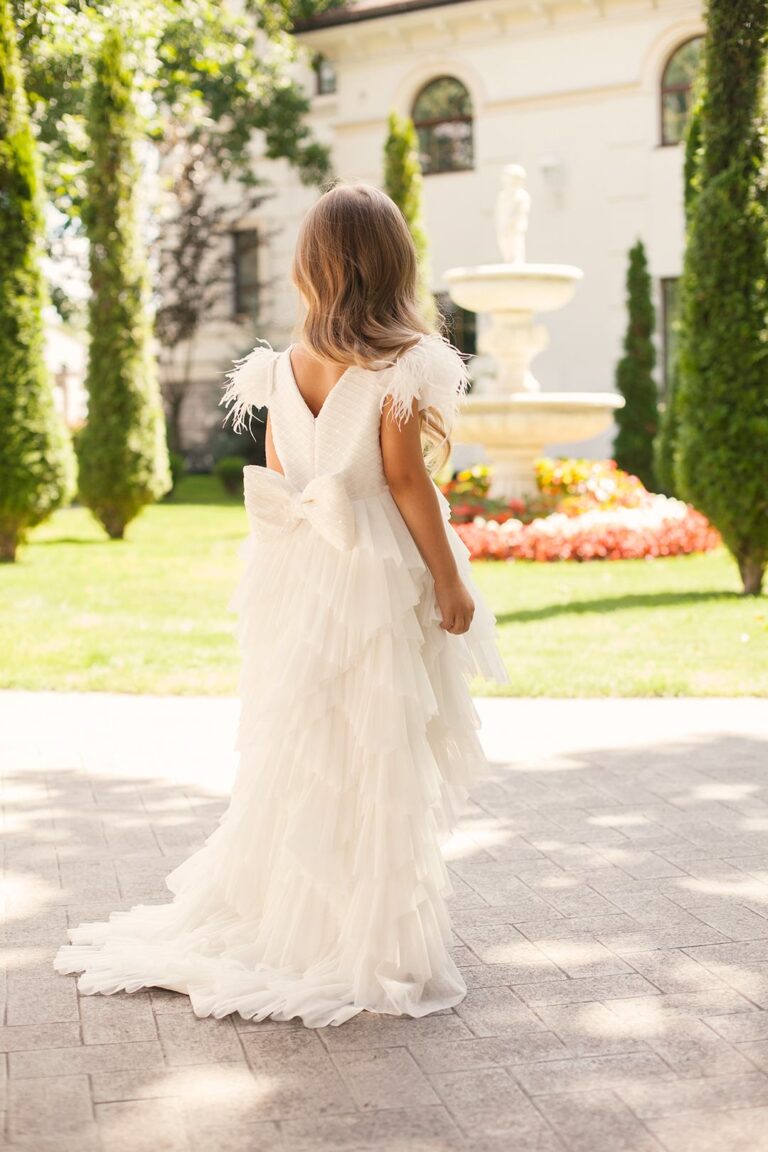 Voluminous Asymmetrical Plus Size Girls Dress Ariel Party Gown with Tulle Ruffles, Beads, and Feather Details for Special Occasions 6Y Voluminous Asymmetrical Plus Size Girls Dress Ariel Party Gown with Tulle Ruffles, Beads, and Feather Details for Special Occasions 6Y