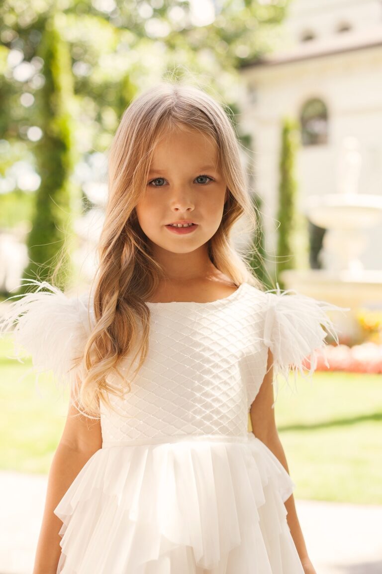 Voluminous Asymmetrical Plus Size Girls Dress Ariel Party Gown with Tulle Ruffles, Beads, and Feather Details for Special Occasions 6Y Voluminous Asymmetrical Plus Size Girls Dress Ariel Party Gown with Tulle Ruffles, Beads, and Feather Details for Special Occasions 6Y