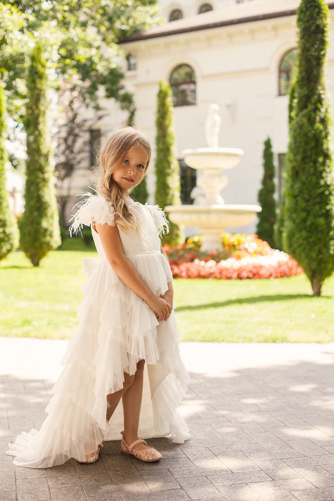 Voluminous Asymmetrical Plus Size Girl’s Dress – Ariel Party Gown with Tulle Ruffles, Beads, and Feather Details for Special Occasions