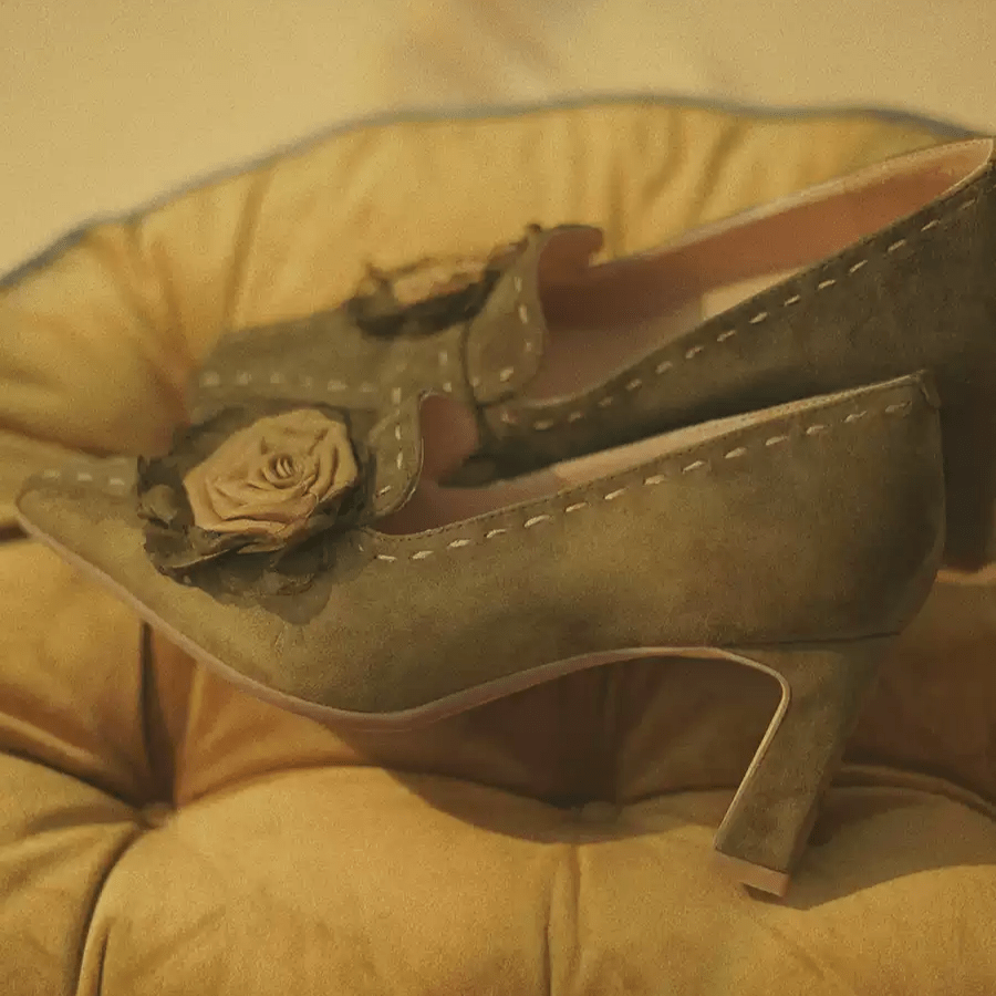 "Whispered Blooms" – Handmade Vintage Suede Floral Heels - WonderlandByLilian