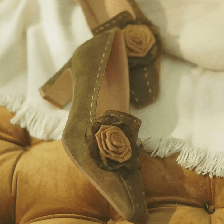 "Whispered Blooms" – Handmade Vintage Suede Floral Heels - WonderlandByLilian