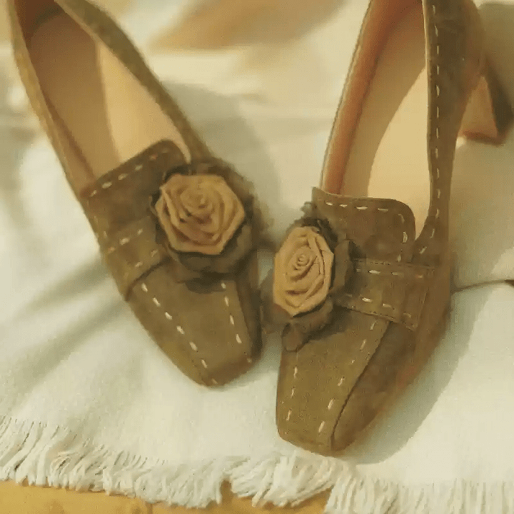 "Whispered Blooms" – Handmade Vintage Suede Floral Heels - WonderlandByLilian