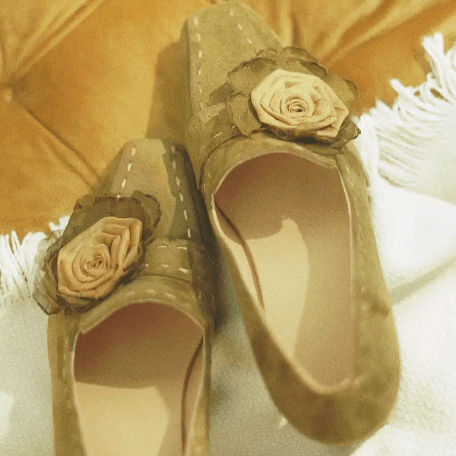 "Whispered Blooms" – Handmade Vintage Suede Floral Heels - WonderlandByLilian