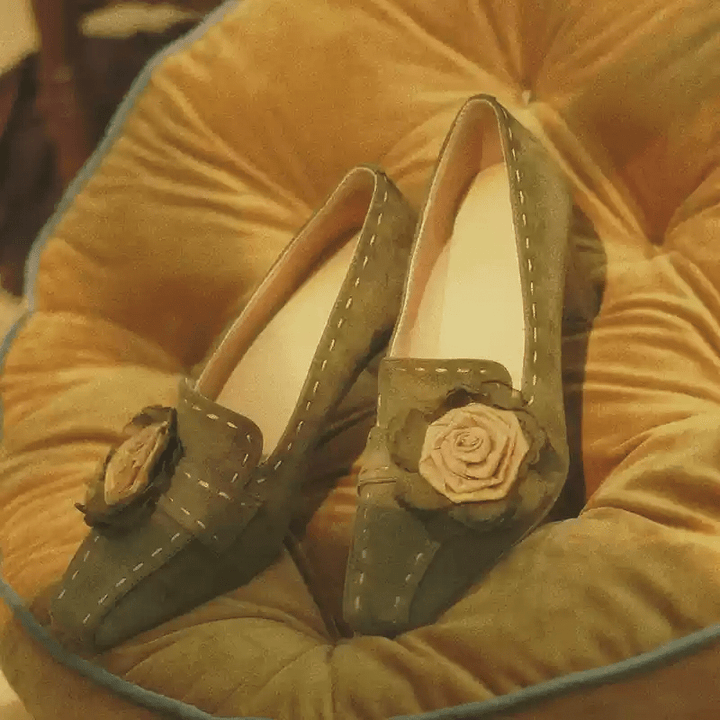 "Whispered Blooms" – Handmade Vintage Suede Floral Heels - WonderlandByLilian
