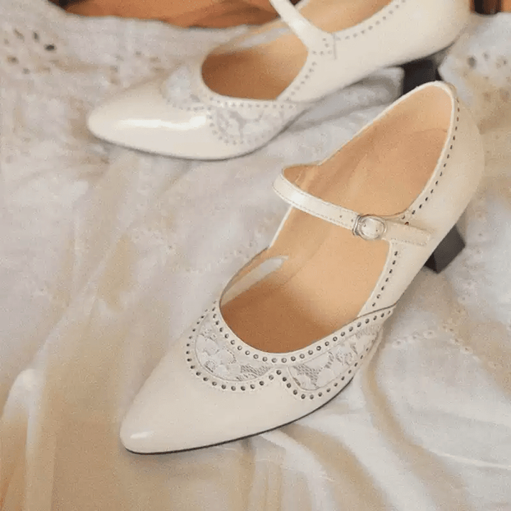 “Whispering Lace” – Handmade Vintage Mary Jane Shoes in Cowhide Leather with Embroidered Cutouts - WonderlandByLilian