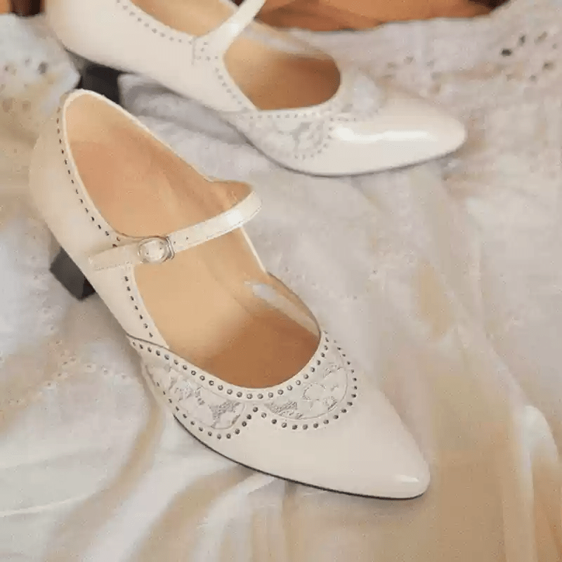 “Whispering Lace” – Handmade Vintage Mary Jane Shoes in Cowhide Leather with Embroidered Cutouts - WonderlandByLilian