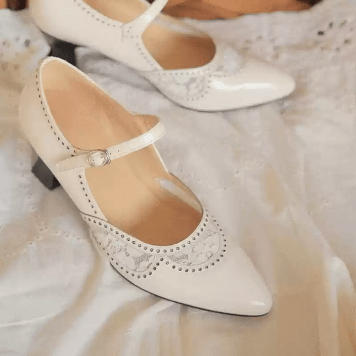 “Whispering Lace” – Handmade Vintage Mary Jane Shoes in Cowhide Leather with Embroidered Cutouts - WonderlandByLilian