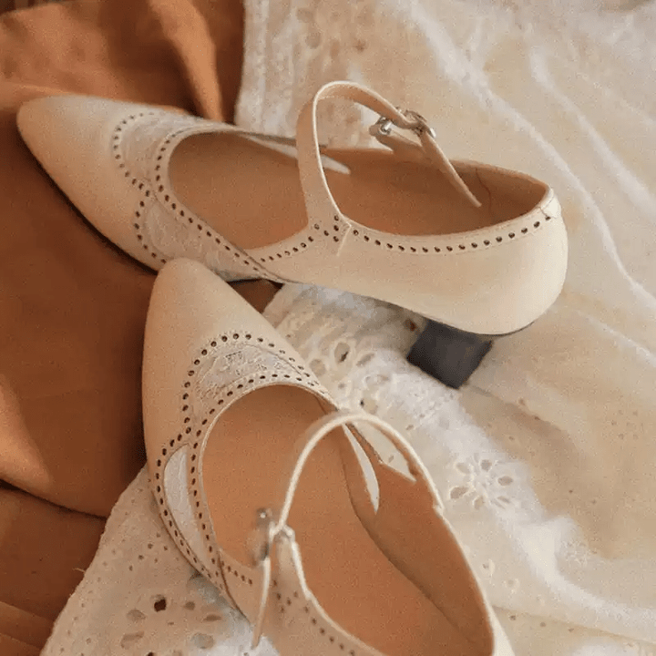 “Whispering Lace” – Handmade Vintage Mary Jane Shoes in Cowhide Leather with Embroidered Cutouts - WonderlandByLilian