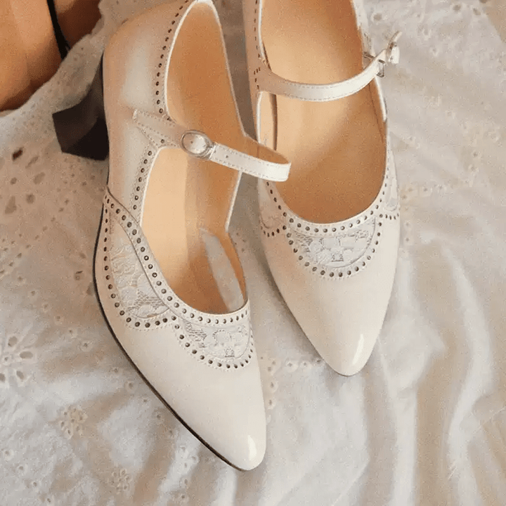 “Whispering Lace” – Handmade Vintage Mary Jane Shoes in Cowhide Leather with Embroidered Cutouts - WonderlandByLilian