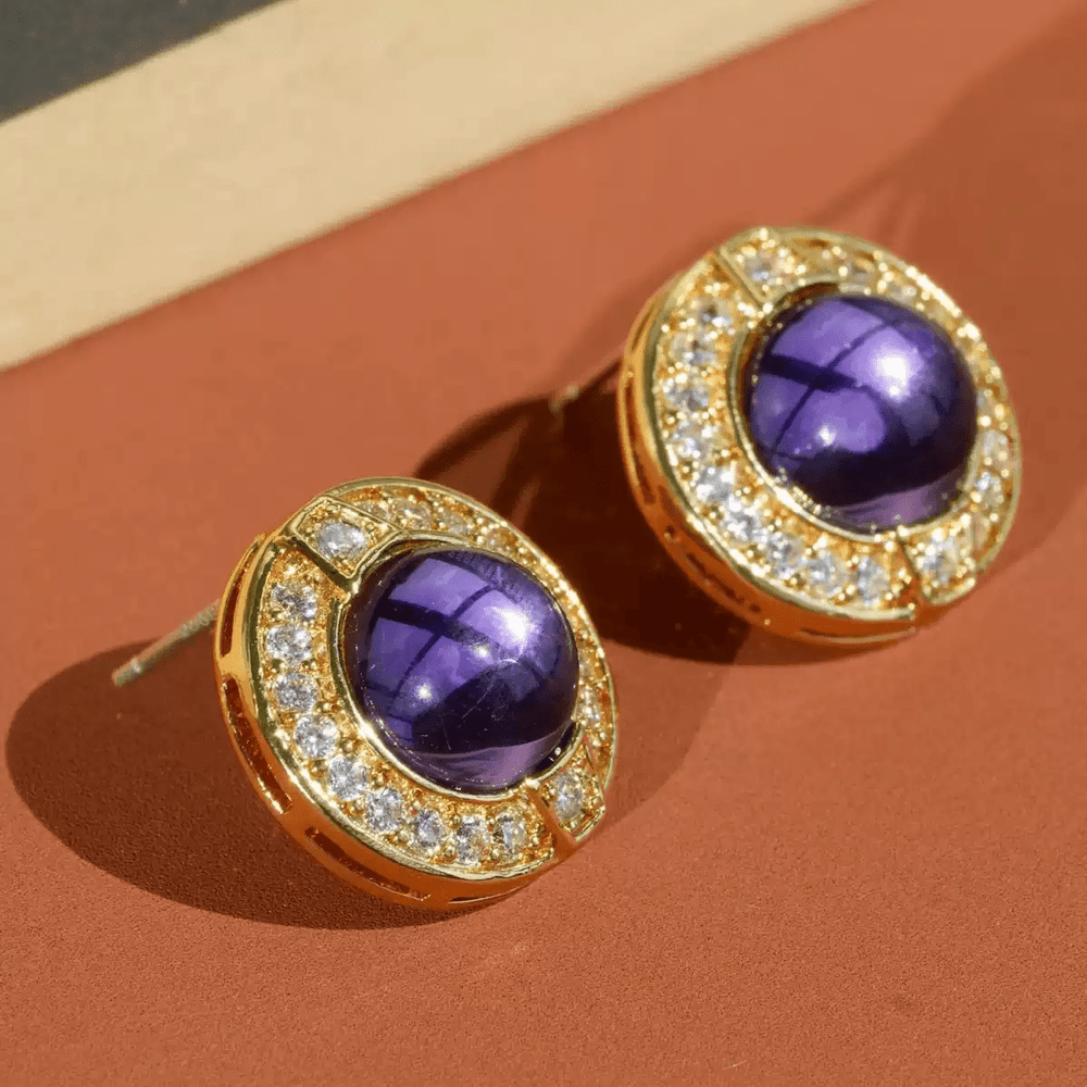 Whispers of Amethyst – Handmade Vintage - Style Purple Glass Cabochon Earrings - Purple Star Ring - WonderlandByLilian