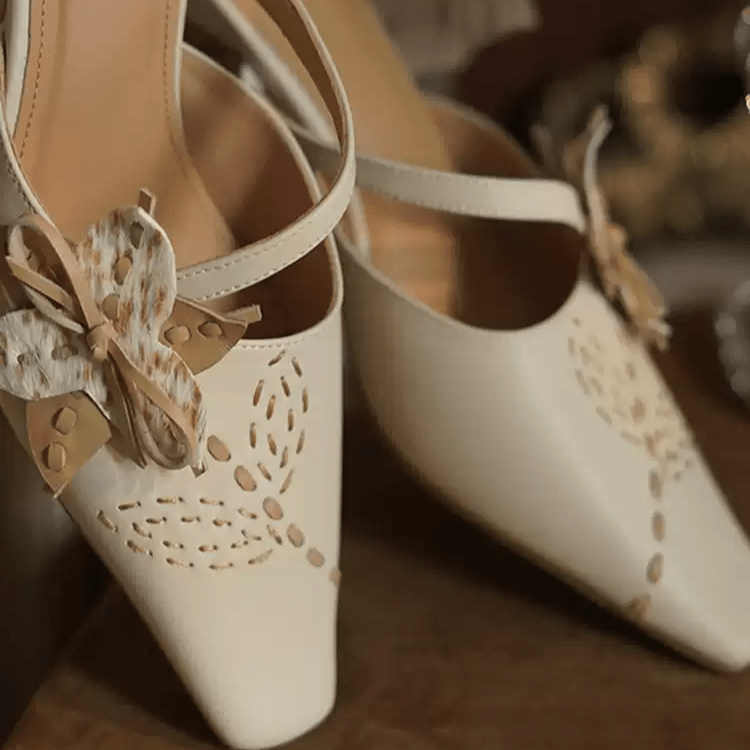 "Whispers of Blossom" – Handmade Vintage Bow - Embellished Leather Mules - WonderlandByLilian